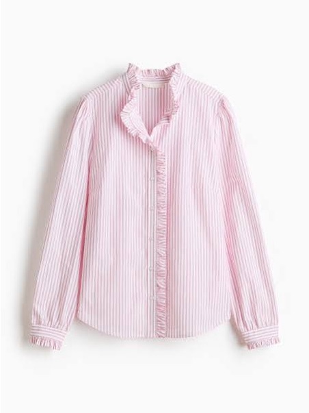 Women’s Pink Stripe Ruffle-Trim Button-Up Shirt